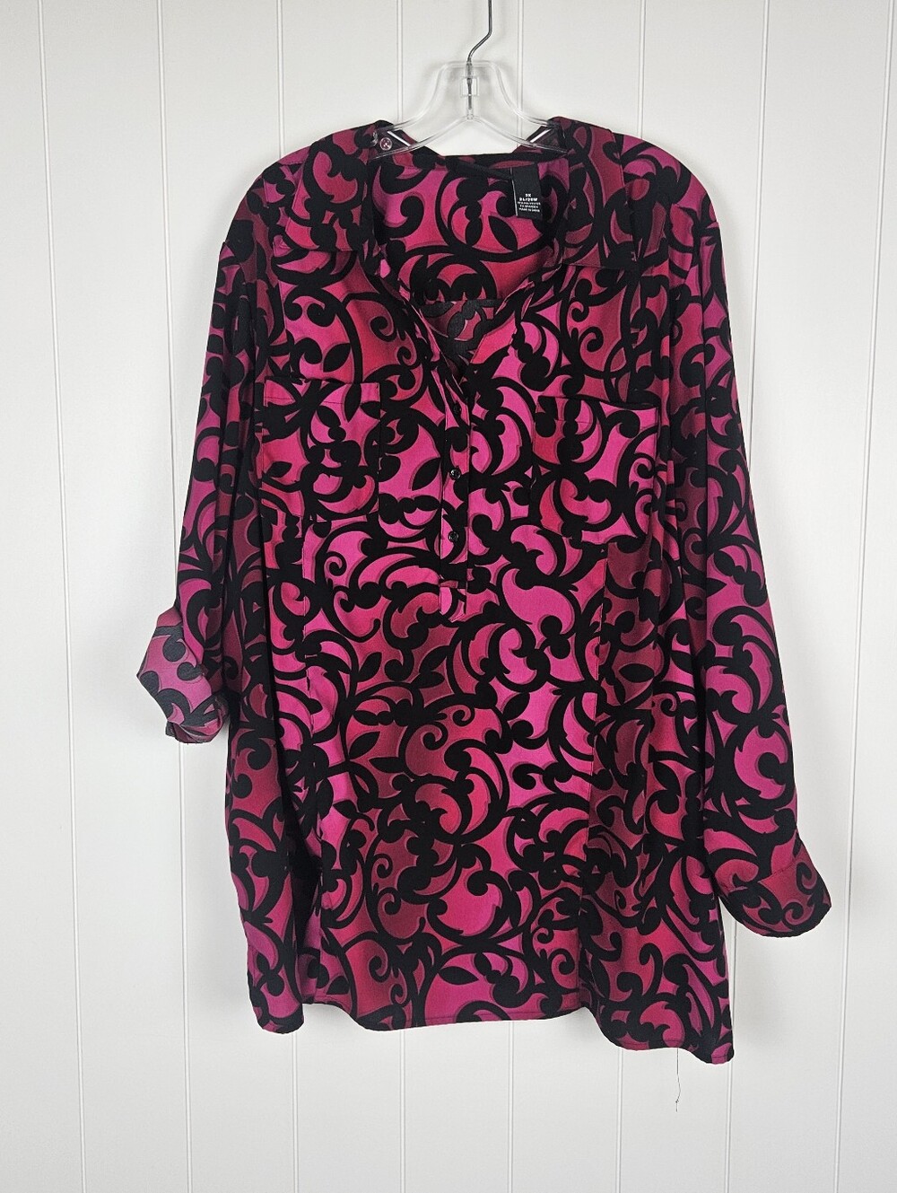 Maggie Barnes Blouse Button Up Magenta Womens 3x Stretch Baroque Roll Tab